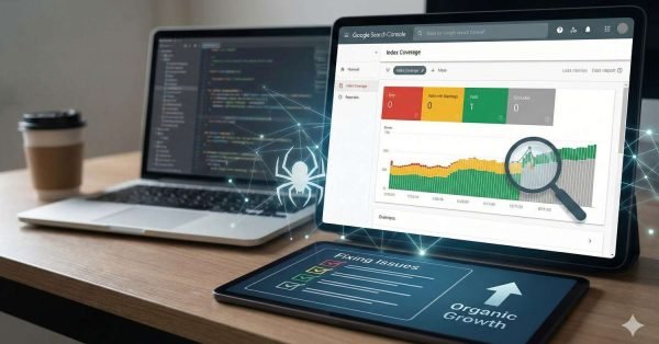 Workspace with a laptop and tablet displaying Google Search Console index coverage and performance graphs, code editor on screen, magnifying glass highlighting growth trends, and visual elements symbolizing fixing SEO issues, site monitoring, and organic traffic improvement.