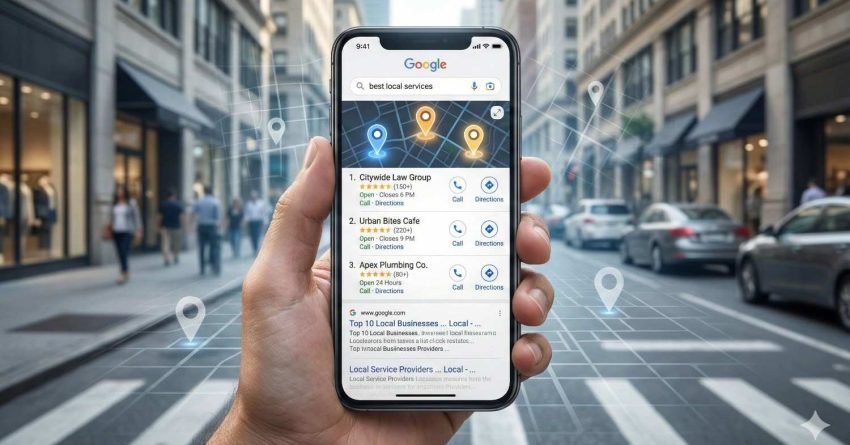 Hand holding a smartphone on a city street showing Google search results for “best local services,” with map pins, business listings, star ratings, and call or directions buttons overlaid on an urban background grid.