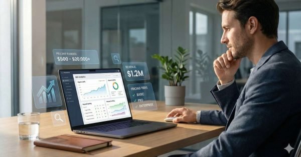 A man sits at a modern desk in a glass-walled office, studying a laptop displaying SEO analytics charts, revenue figures, and pricing tiers. Floating holographic icons show growth graphs, search symbols, and data panels beside a notebook and glass of water.