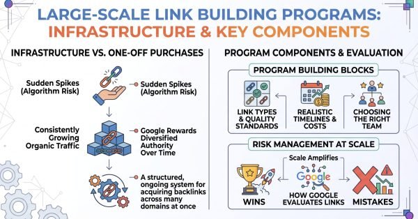 Infographic titled LARGE-SCALE LINK BUILDING PROGRAMS: INFRASTRUCTURE & KEY COMPONENTS comparing infrastructure vs. one-off purchases on the left (sudden spikes with algorithm risk vs. consistently growing organic traffic with structured, ongoing systems) with program components and evaluation on the right (program building blocks including link types and quality standards, realistic timelines and costs, choosing the right team, and risk management at scale balancing how Google evaluates links between wins and amplified mistakes).