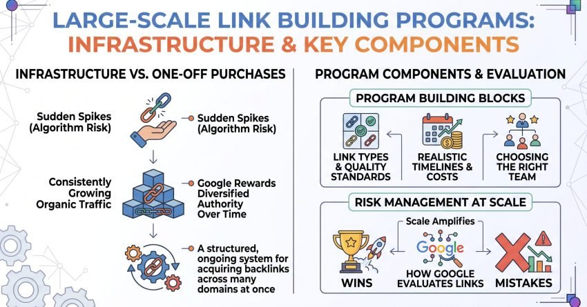 Infographic titled LARGE-SCALE LINK BUILDING PROGRAMS: INFRASTRUCTURE & KEY COMPONENTS comparing infrastructure vs. one-off purchases on the left (sudden spikes with algorithm risk vs. consistently growing organic traffic with structured, ongoing systems) with program components and evaluation on the right (program building blocks including link types and quality standards, realistic timelines and costs, choosing the right team, and risk management at scale balancing how Google evaluates links between wins and amplified mistakes).