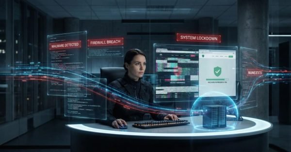 Cybersecurity analyst working at a computer in a server room, surrounded by holographic screens showing malware detected, firewall breach, and system lockdown alerts. Data streams flow toward a protected server under a digital shield, symbolizing active threat detection and network security monitoring.