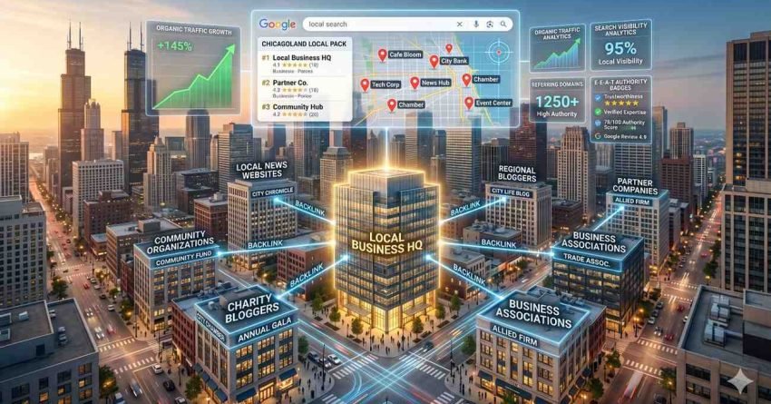 Citywide local SEO illustration showing a business headquarters connected to community organizations, local news sites, bloggers, associations, and partner companies through backlink networks. Overlaid dashboards display Google local pack rankings, organic traffic growth, search visibility, authority metrics, and map listings, emphasizing local search optimization, citations, and regional online presence.