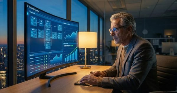 A professional working at a desk in a modern office at night, analyzing SEO and performance dashboards on an ultrawide monitor displaying charts, site architecture, and growth metrics, with a city skyline visible through large windows, emphasizing data-driven digital strategy and analysis.
