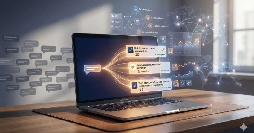 Laptop on a desk displaying personalized outreach messages flowing into segmented audiences, with floating analytics charts, world map connections, and chat bubbles around the screen, suggesting AI-driven marketing, lead targeting, and data visualization in a modern workspace.