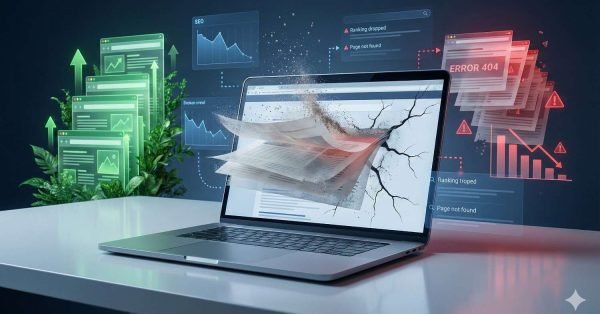 Laptop on a desk with a cracked screen and papers bursting outward. Surrounding graphics show SEO charts, ranking drops, “Page not found,” and “Error 404” alerts. Green growth indicators appear on the left, while red warning icons and declining graphs appear on the right, symbolizing website performance issues.