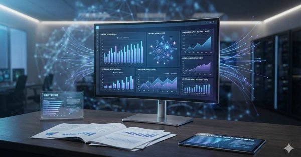 Modern office workspace with a large desktop monitor displaying data analytics dashboards, including bar charts, line graphs, and network diagrams. Reports and a tablet with statistics lie on the desk. Blue digital connection lines glow in the background, suggesting data processing, AI, or cloud computing technology.