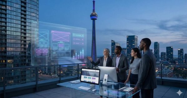A business team stands on a rooftop at dusk reviewing a glowing holographic web design and analytics dashboard, with city skyscrapers and a tall communications tower in the background, laptops and monitors on a glass table below.