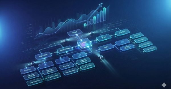 Futuristic digital sitemap visualization with glowing navigation nodes centered on “Home,” branching to services, blog, contact, and SEO-related pages. A rising bar chart and line graph above indicate growth, symbolizing structured website architecture, internal linking, and improved search performance.