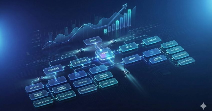 Futuristic digital sitemap visualization with glowing navigation nodes centered on “Home,” branching to services, blog, contact, and SEO-related pages. A rising bar chart and line graph above indicate growth, symbolizing structured website architecture, internal linking, and improved search performance.