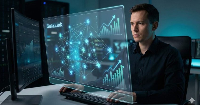 A professional works at a computer in a dark office, viewing a transparent screen labeled “BackLink” with glowing network nodes and rising charts, representing SEO analysis, backlink mapping, and data-driven website growth monitoring.