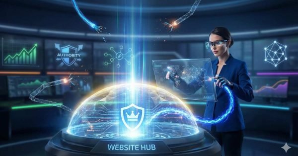 Futuristic scene of a woman in a high-tech control room interacting with a holographic “Website Hub” shield. She uses a transparent tablet while glowing data streams, network icons, authority charts, and cyber threats surround a digital dome, symbolizing website security, analytics, and SEO performance monitoring.