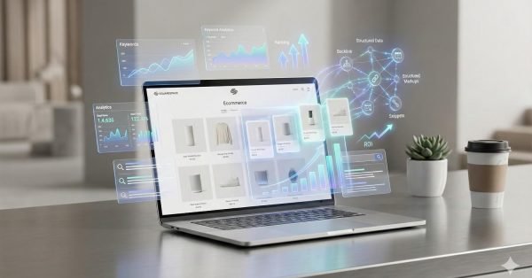 Laptop on a desk displaying an ecommerce product grid with holographic SEO overlays showing keyword analytics, rankings, backlinks, structured data, ROI, and rising performance graphs, beside a coffee cup and plant in a modern workspace.