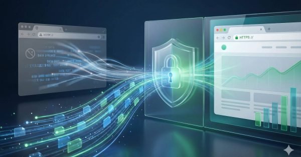 Illustration showing data flowing from an insecure HTTP webpage to a secure HTTPS website through a protective shield with a padlock. The right side displays improved analytics and growth, symbolizing encrypted data transfer, enhanced security, and better website performance.
