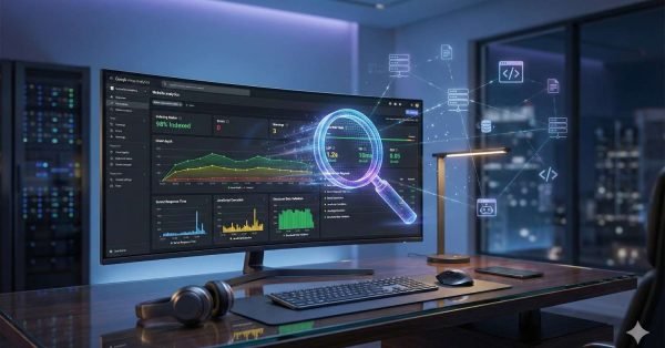Modern workspace with a widescreen monitor displaying Google Analytics and SEO performance dashboards, highlighted by a magnifying glass overlay showing indexed pages and speed metrics, representing website analysis, technical SEO auditing, and data-driven optimization in a professional office setting.