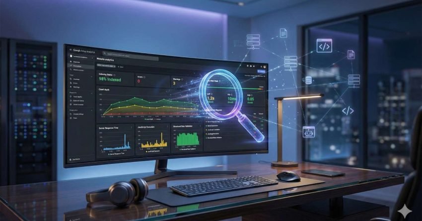 Modern workspace with a widescreen monitor displaying Google Analytics and SEO performance dashboards, highlighted by a magnifying glass overlay showing indexed pages and speed metrics, representing website analysis, technical SEO auditing, and data-driven optimization in a professional office setting.