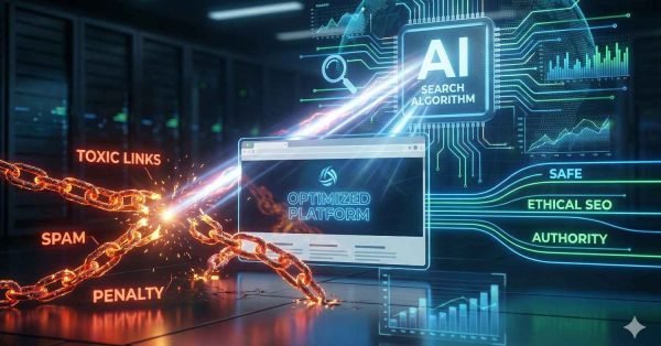 Futuristic scene showing an AI search algorithm interface protecting an optimized website while fiery chains labeled toxic links, spam, and penalty snap apart, alongside glowing graphs and labels for safe, ethical SEO and authority in a data center environment.