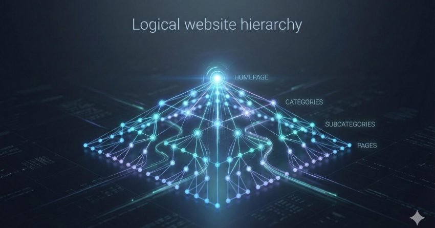 Futuristic diagram titled “Logical website hierarchy” showing a glowing homepage node at the top branching into categories, subcategories, and individual pages below, forming a structured network. Visualizes clear site architecture, internal linking, and organized content flow for improved SEO and navigation.