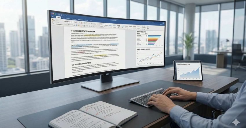 A person works at a modern office desk with a widescreen monitor showing a strategy document and performance charts, a tablet displaying traffic growth graphs, and an open notebook with handwritten notes, set against large windows overlooking a city skyline.