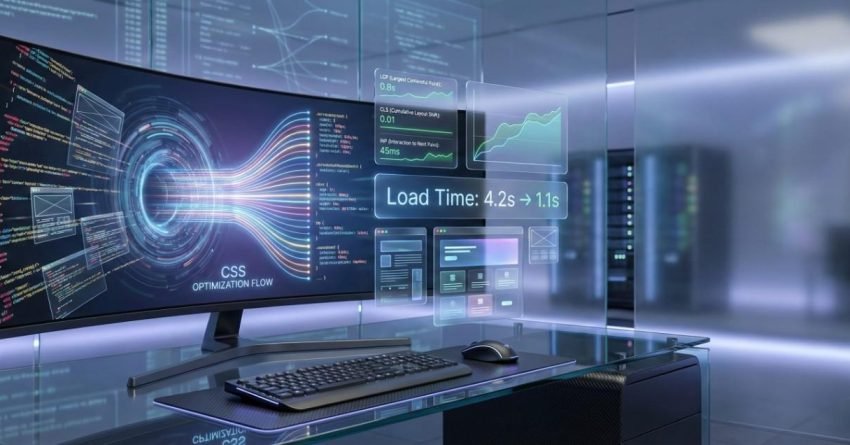Modern workstation with widescreen monitor displaying CSS optimization flow, code snippets, and performance dashboards. Overlay shows load time improvement from 4.2s to 1.1s, with charts and metrics in a sleek, futuristic office setting, symbolizing web performance tuning and faster website speed.