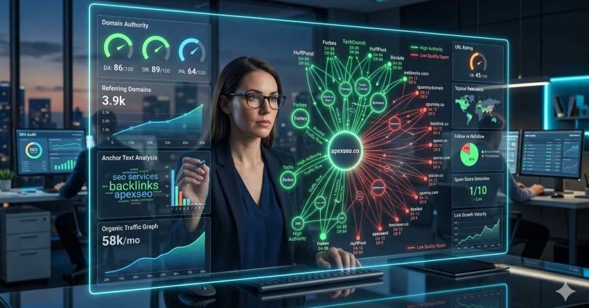 SEO expert analyzing backlink profiles, domain authority, referring domains, anchor text distribution, and link quality metrics to improve search engine rankings, increase organic traffic, strengthen website authority, and identify high-value backlink opportunities while reducing spam link risks