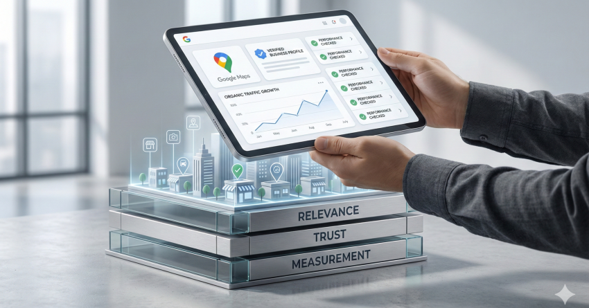 Hands hold a tablet displaying local SEO analytics and Google Maps performance metrics above layered blocks labeled relevance, trust, and measurement. A miniature cityscape and growth chart symbolize data-driven local search optimization, business visibility, and measurable performance improvement.