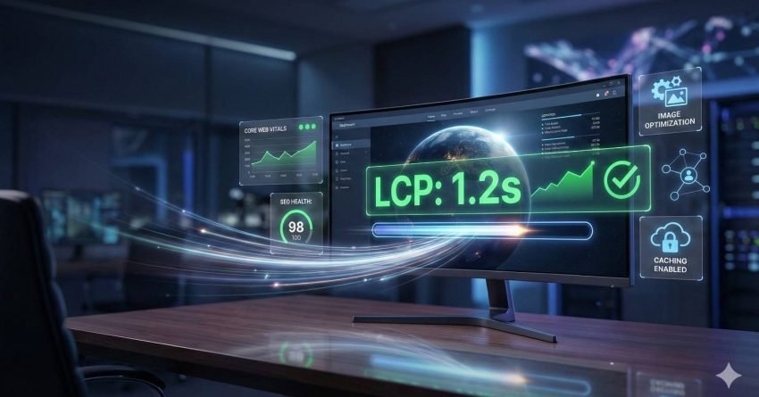 Modern widescreen monitor on a desk displaying website performance metrics, highlighting “LCP: 1.2s” with a green checkmark, SEO health score, core web vitals graph, image optimization, and caching enabled icons, representing fast-loading, optimized web performance.