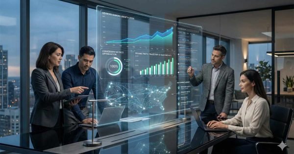 A team collaborates in a modern office around a glass table with holographic SEO dashboards showing keyword growth, conversion metrics, traffic charts, and a glowing U.S. map, while two people use laptops and others point to floating analytics panels.
