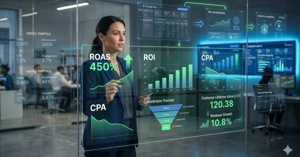 Digital marketing analyst reviewing PPC campaign performance dashboard with ROAS, ROI, CPA, conversion funnel, audience targeting, bid optimization, and customer lifetime value metrics. Data-driven advertising strategy focused on improving Google Ads performance, conversion rates, revenue growth, and return on ad spend.