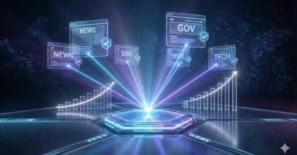 Futuristic illustration of a glowing digital platform emitting beams to trusted domains labeled News, EDU, GOV, and Tech. Verified badges appear beside each site, with rising bar charts in the background, symbolizing high-authority backlinks driving SEO growth and credibility.