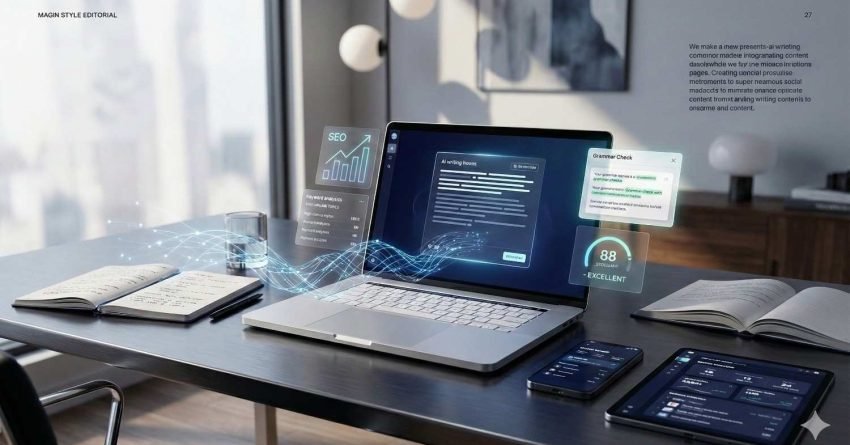 A modern desk scene shows a laptop with AI writing and grammar check panels, SEO metrics, and a high content score overlay, surrounded by notebooks, a phone, and tablet, with glowing data lines floating between devices in a stylish home office setting.