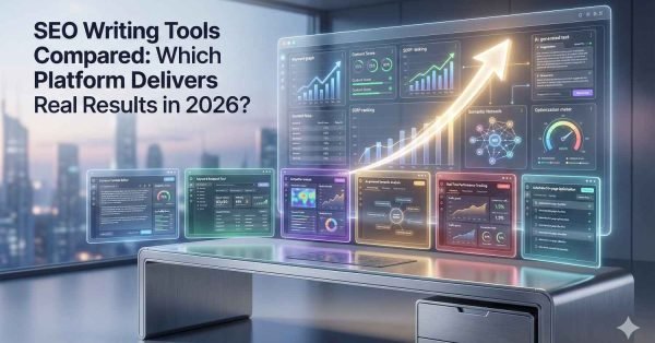 A futuristic office scene shows a transparent display titled “SEO Writing Tools Compared” with multiple analytics dashboards, ranking charts, AI content panels, and a large upward arrow symbolizing growth, set above a modern desk with a city skyline visible through tall windows.