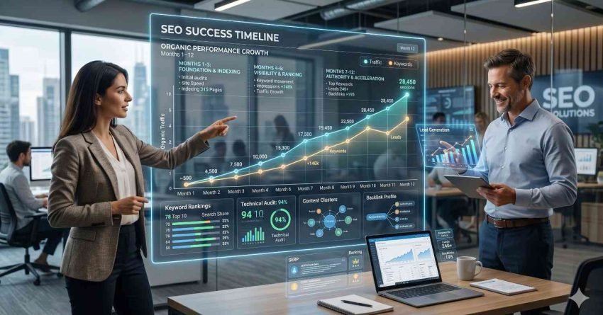 SEO consultants reviewing a performance growth timeline in a modern office environment. Interactive dashboards display organic traffic increases, keyword rankings, technical audit scores, content clusters, backlink profiles, and lead generation metrics. Team members analyze monthly progress and strategy milestones, demonstrating data-driven SEO optimization, measurable growth, and long-term digital marketing success.