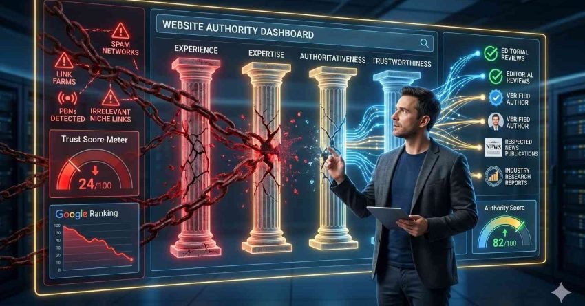 Website authority dashboard illustrating E-E-A-T principles, backlink quality analysis, trust signals, editorial reviews, and spam link detection to improve domain authority, search rankings, website credibility, and organic SEO performance while reducing risks from low-quality backlinks