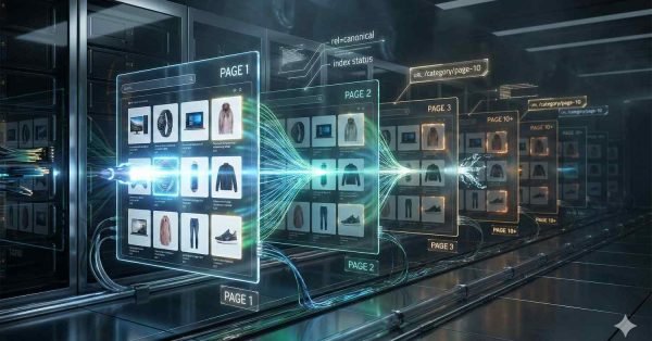 A futuristic data center shows holographic ecommerce pages labeled Page 1 through Page 10+, with product grids, indexing signals, canonical tags, and glowing data streams flowing between servers, illustrating large-scale site architecture, crawling, and technical SEO optimization.