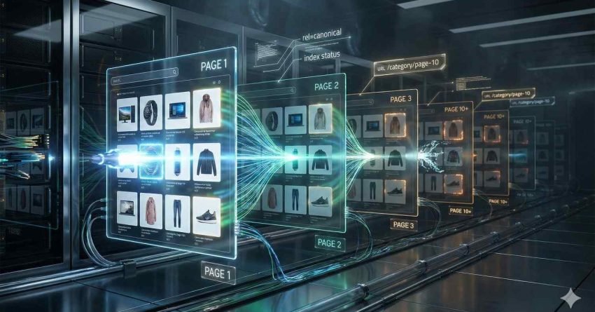 A futuristic data center shows holographic ecommerce pages labeled Page 1 through Page 10+, with product grids, indexing signals, canonical tags, and glowing data streams flowing between servers, illustrating large-scale site architecture, crawling, and technical SEO optimization.