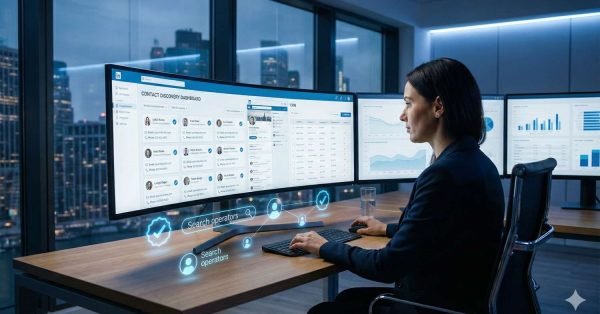Woman working at a desk with an ultrawide monitor showing a contact discovery dashboard, CRM lists, and analytics charts, with glowing search operator icons floating near the keyboard and a city skyline visible through office windows at night.