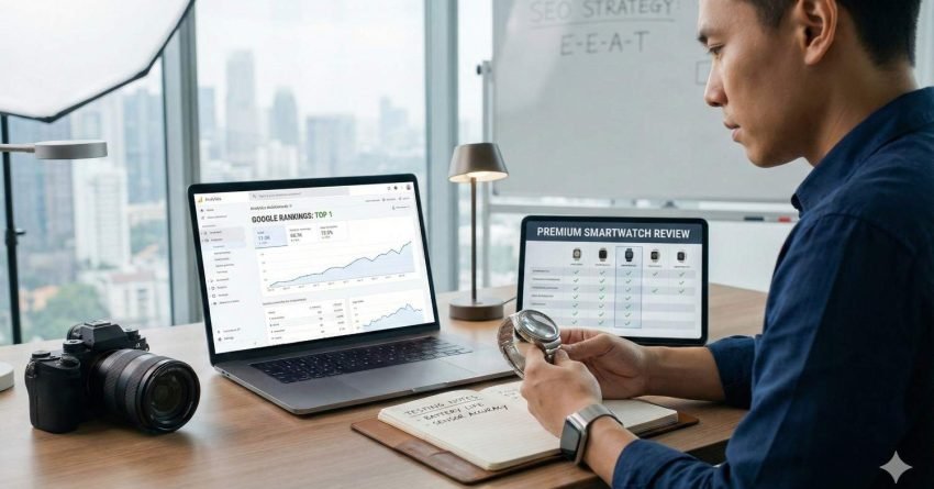 A marketer sits at a desk examining a smartwatch while two screens show Google ranking growth charts and a premium product comparison table, with a camera, notebook, and city skyline visible, illustrating hands-on product reviews, SEO analysis, and E-E-A-T focused content strategy.
