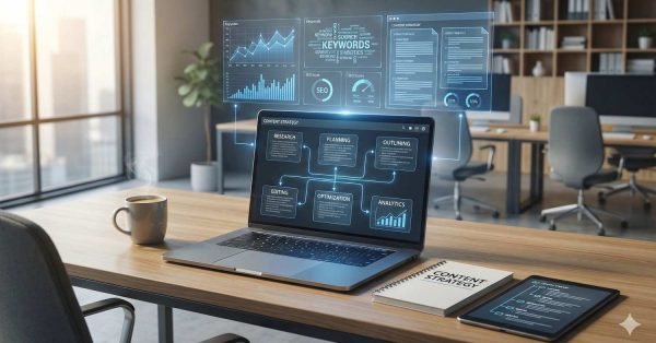 Modern office desk with a laptop displaying a content strategy dashboard—research, planning, outlining, editing, optimization, and analytics—plus floating keyword and SEO charts above. A coffee cup, notebook, and tablet sit nearby, suggesting data-driven content marketing work in progress.
