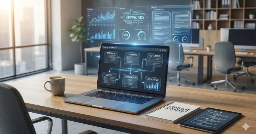 Modern office desk with a laptop displaying a content strategy dashboard—research, planning, outlining, editing, optimization, and analytics—plus floating keyword and SEO charts above. A coffee cup, notebook, and tablet sit nearby, suggesting data-driven content marketing work in progress.