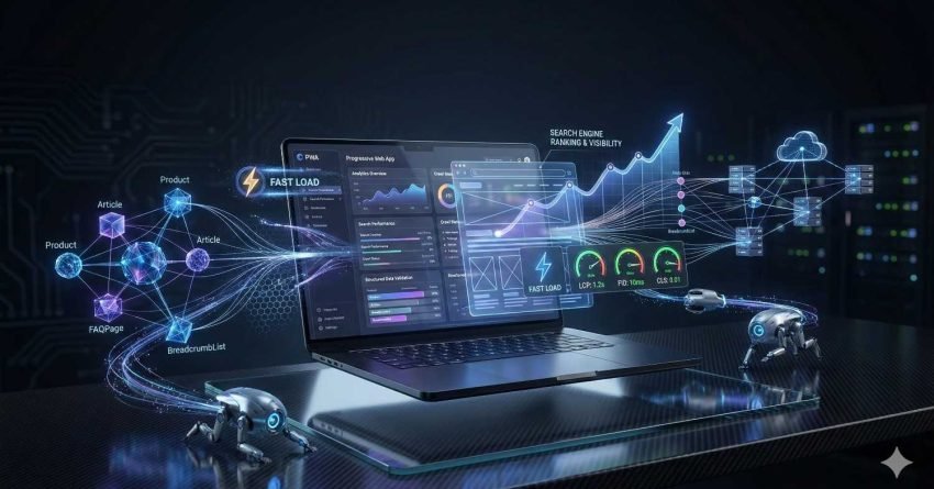 Futuristic laptop displaying SEO dashboard with fast load metrics, search engine ranking growth, structured data elements, and performance analytics. Digital connections flow to cloud servers and small robots, symbolizing technical SEO optimization, speed improvements, and enhanced website visibility.