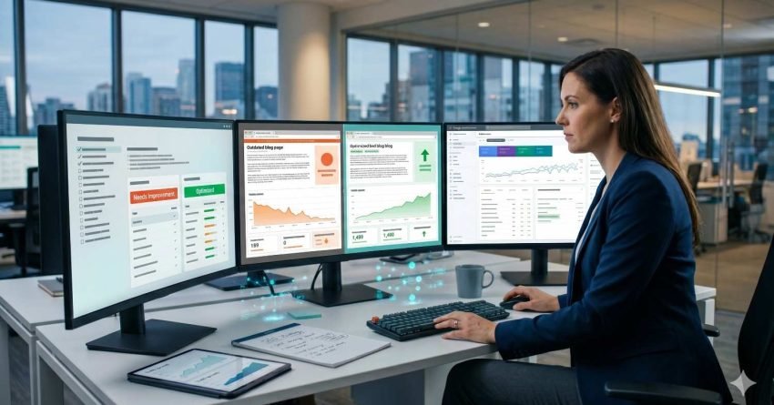 SEO specialist performing content optimization and content audit analysis, updating outdated blog posts, improving on-page SEO, tracking organic traffic growth, and monitoring content performance dashboards to increase search rankings, enhance user engagement, and drive sustainable organic traffic.