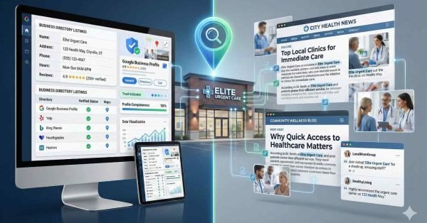 A modern urgent care clinic shown with digital overlays illustrating local SEO and online presence—business listings, Google profile ratings, maps, analytics dashboards, news articles, blog posts, and social reviews—highlighting how local search visibility drives patient trust and clinic growth.