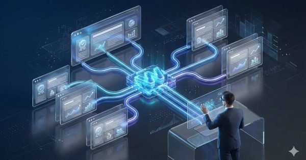 A futuristic illustration shows a business professional using a transparent digital desk to interact with multiple floating analytics dashboards, all connected by glowing data streams to a central AI-like hub, symbolizing data integration, automation, and advanced enterprise technology systems.