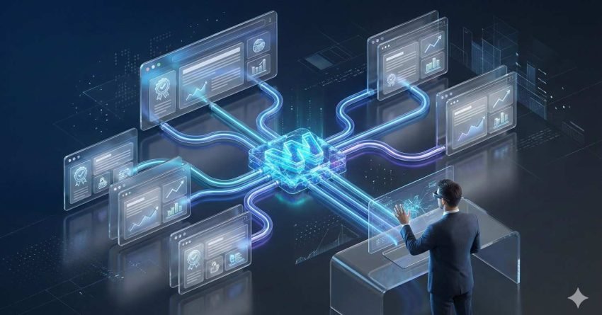 A futuristic illustration shows a business professional using a transparent digital desk to interact with multiple floating analytics dashboards, all connected by glowing data streams to a central AI-like hub, symbolizing data integration, automation, and advanced enterprise technology systems.
