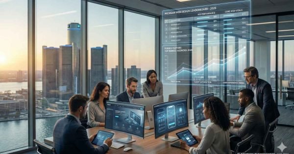 A business team meets in a glass-walled office overlooking a city skyline, analyzing dashboards on multiple monitors and a transparent wall display titled “Michigan Web Design Leaderboard 2026,” showing SEO performance, core web vitals, and ranking charts while colleagues collaborate around a conference table.
