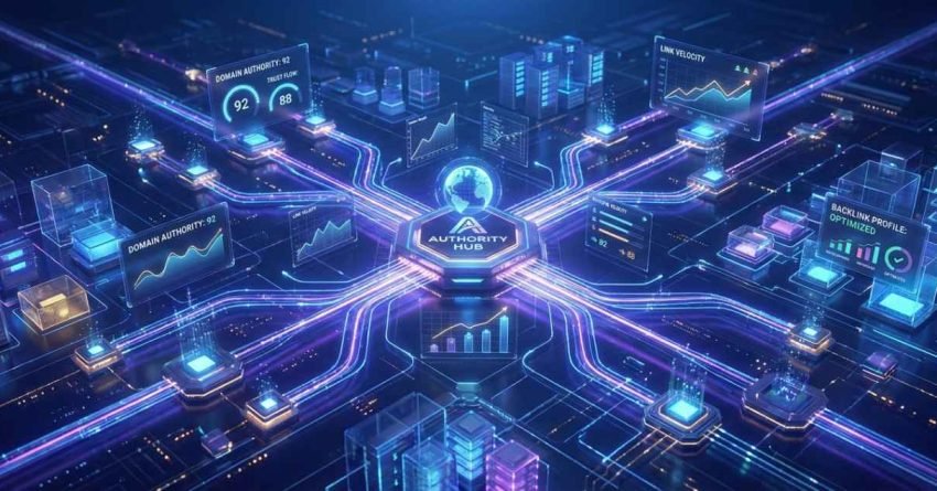Futuristic digital network hub glowing in blue and purple, with data lines radiating outward to dashboards showing charts, domain authority scores, traffic growth, and backlink optimization, symbolizing interconnected SEO analytics, AI systems, and web performance monitoring in a high-tech cityscape.