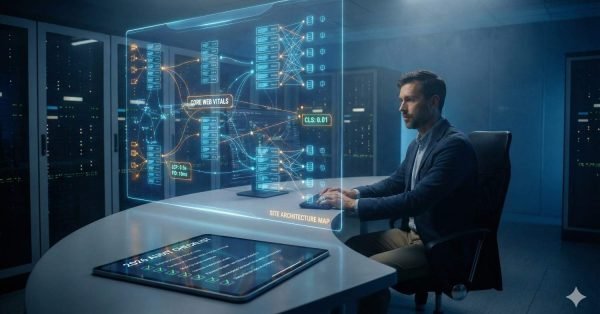 A professional reviewing a futuristic technical SEO interface displaying Core Web Vitals, site architecture maps, and performance metrics in a secure data center, highlighting advanced website optimization, analytics, and infrastructure-focused SEO analysis.