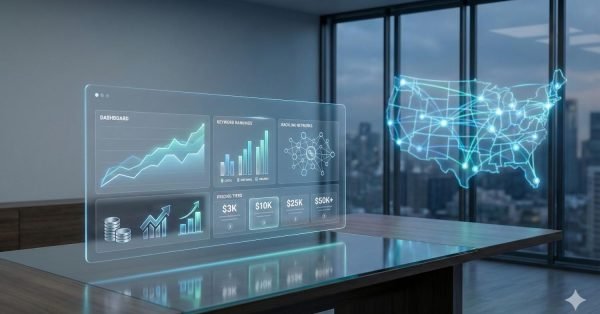 A futuristic office table displays a floating SEO analytics dashboard with rising graphs, keyword rankings, backlink networks, and pricing tiers, while a glowing holographic map of the United States appears near floor-to-ceiling windows overlooking a city skyline at dusk.
