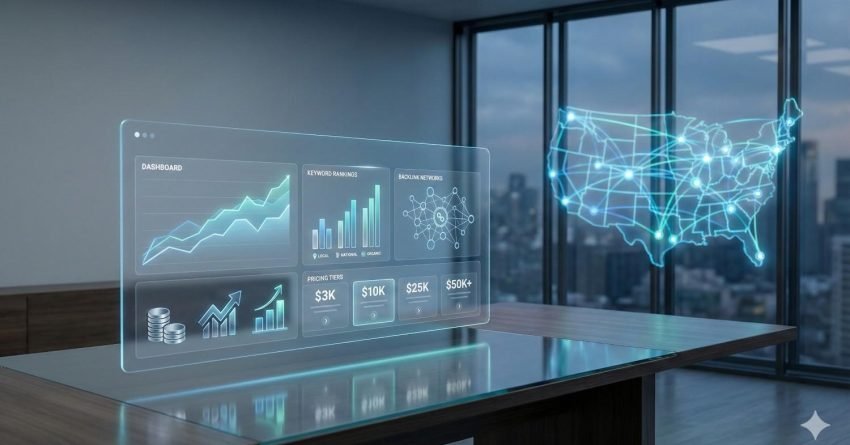 A futuristic office table displays a floating SEO analytics dashboard with rising graphs, keyword rankings, backlink networks, and pricing tiers, while a glowing holographic map of the United States appears near floor-to-ceiling windows overlooking a city skyline at dusk.